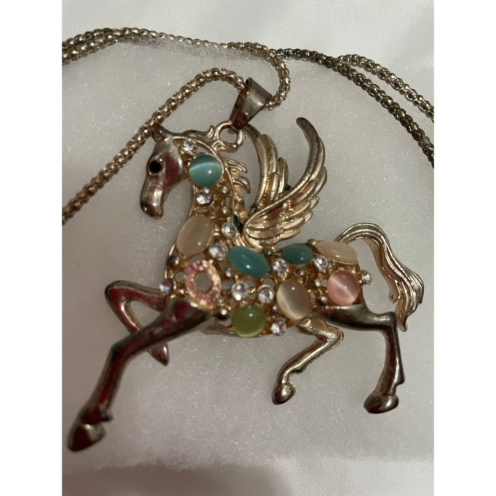 Gold Tone Pegasus Winged Horse Pendant Necklace Pastel Cabochon Rhinestone#768